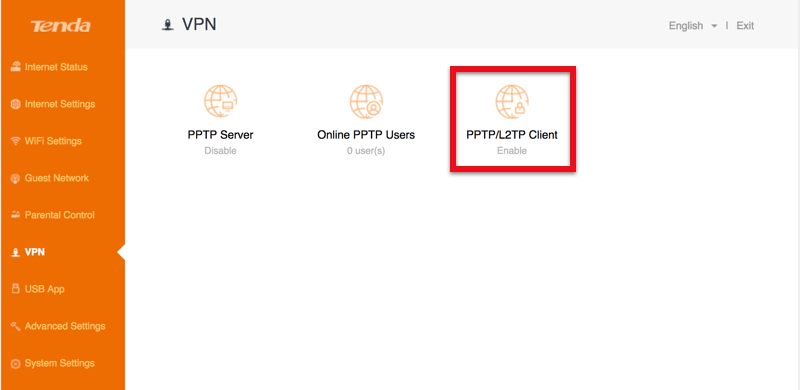 Tenda AC6 V⁠PN section: PPTP Server, Online PPTP Users and PPTP/L2TP Client tiles